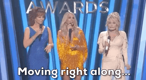 three women award presenters saying "moving right along"